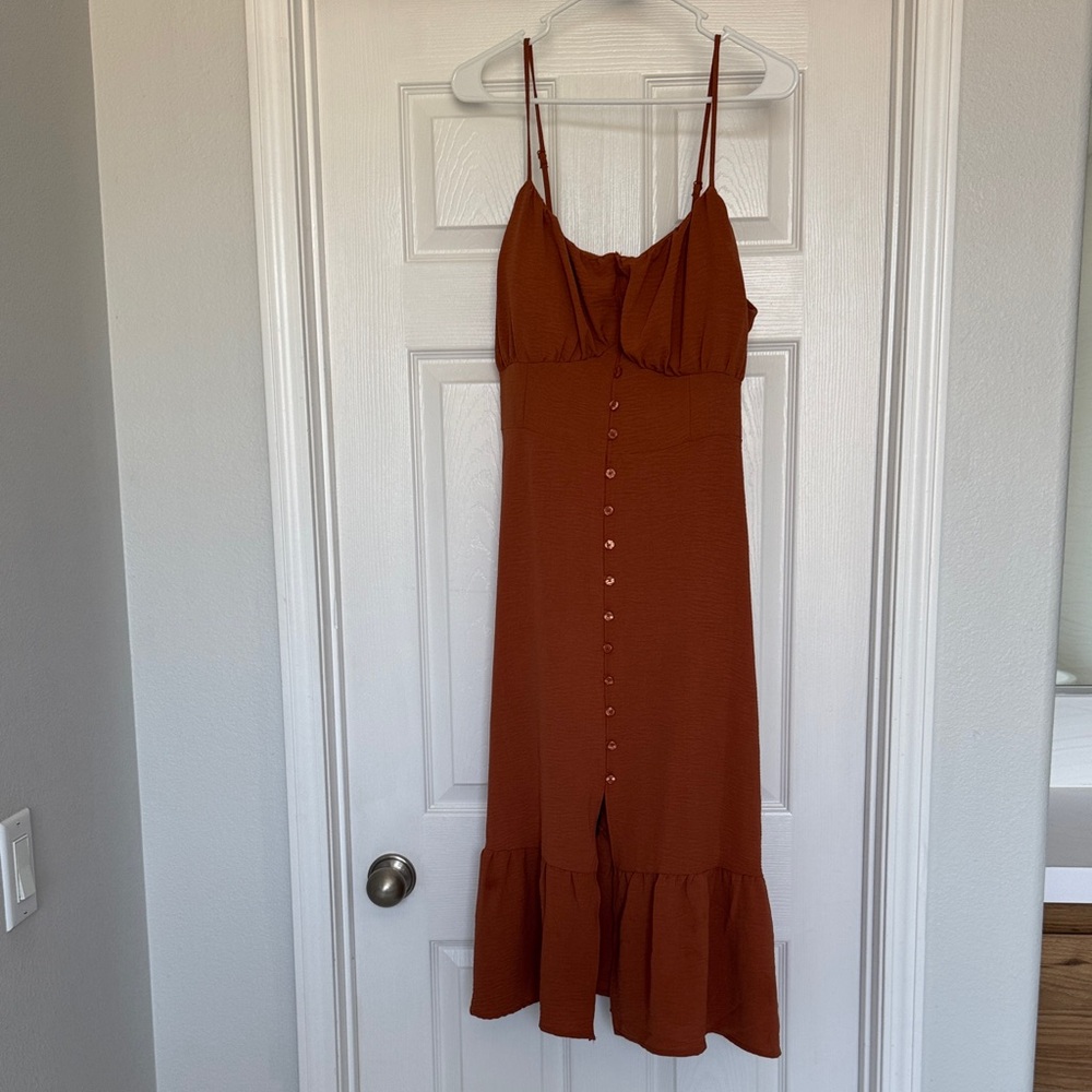 No Boundaries Rust Button-Down Midi Dress